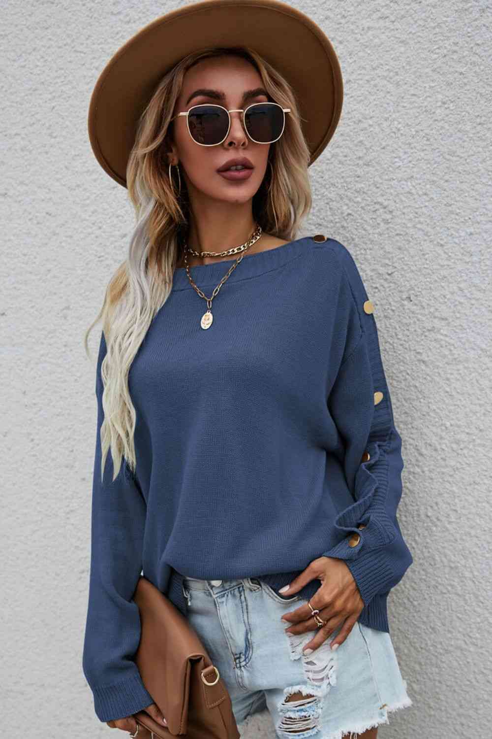 Button Detail Boat Neck Sweater