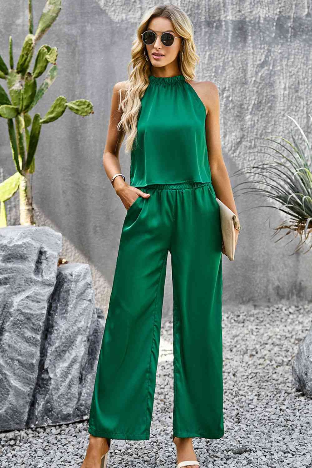 Grecian Neck Sleeveless Pocketed Top and Pants Set