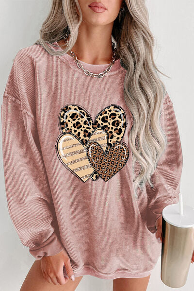 Heart Ribbed Round Neck Sweatshirt