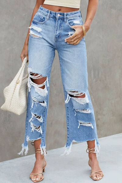 Distressed Raw Hem Jeans with Pockets