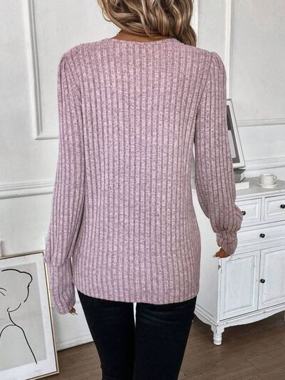 Ribbed Round Neck Long Sleeve Knit Top