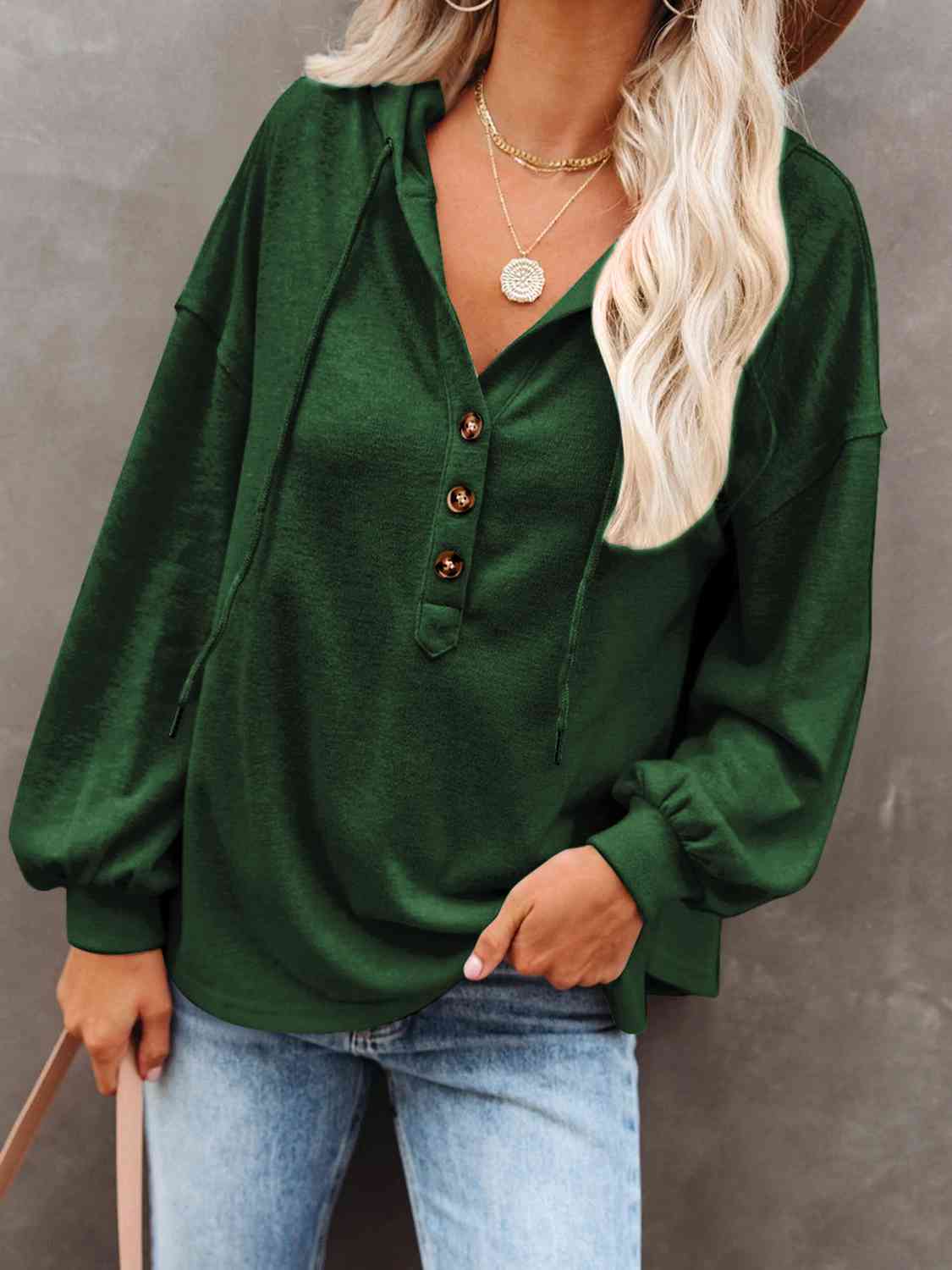 Buttoned Drop Shoulder Hoodie