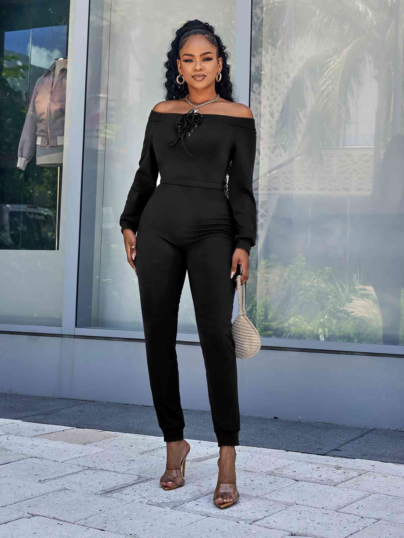 Lace-Up Off-Shoulder Long Sleeve Jumpsuit