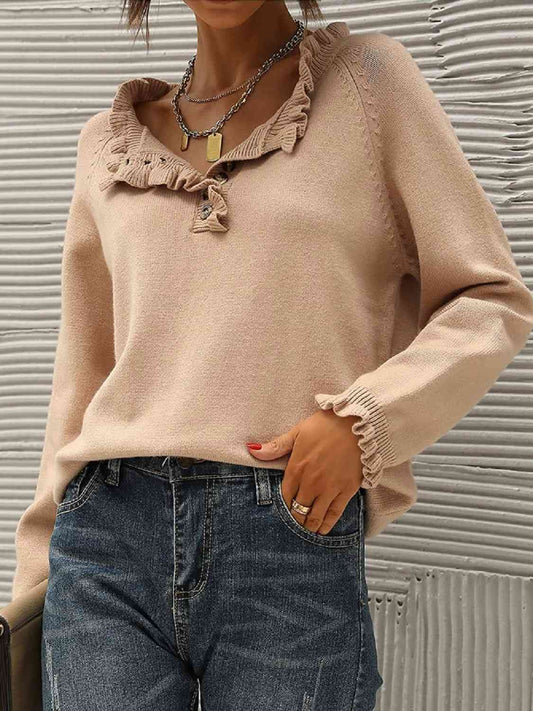 Ruffled Quarter-Button Sweater