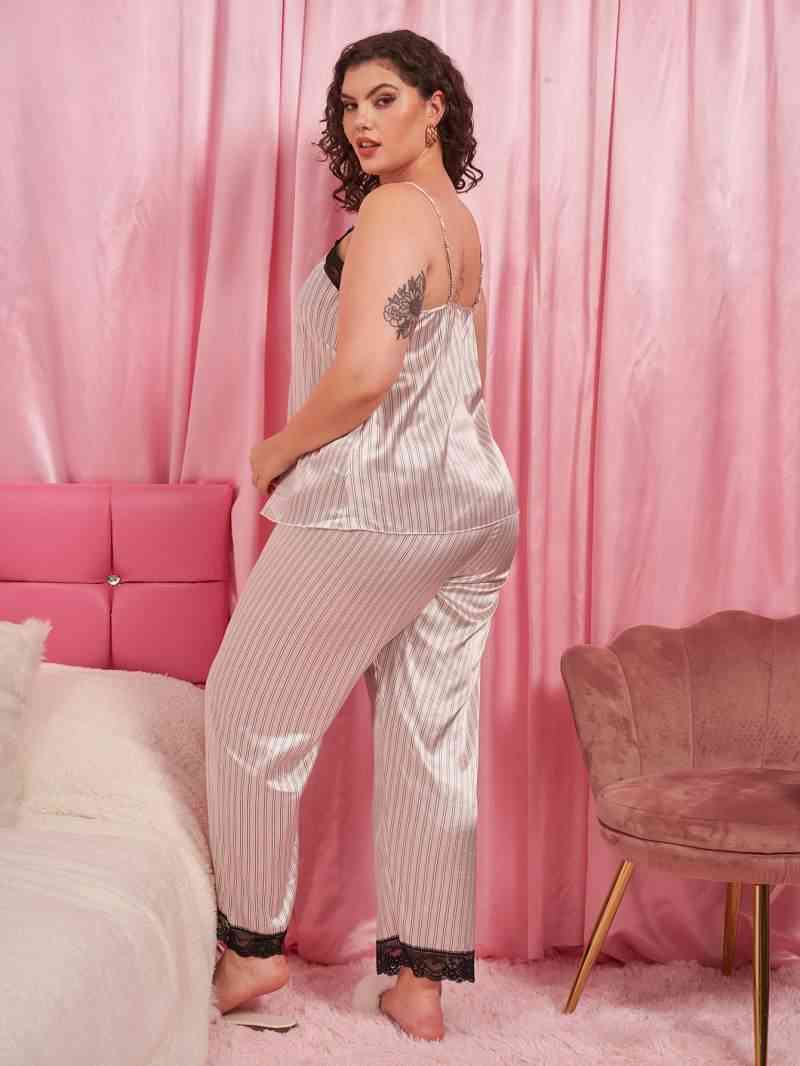 Plus Size Vertical Stripe Lace Trim Cami and Pants Pajama Set