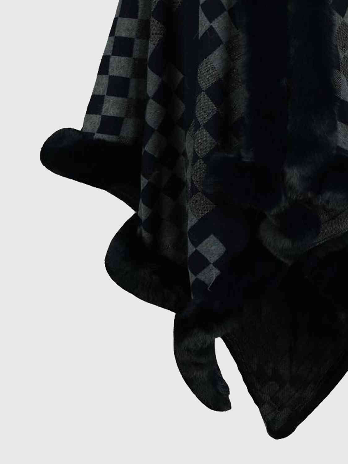 Checkered Faux Fur Trim Poncho