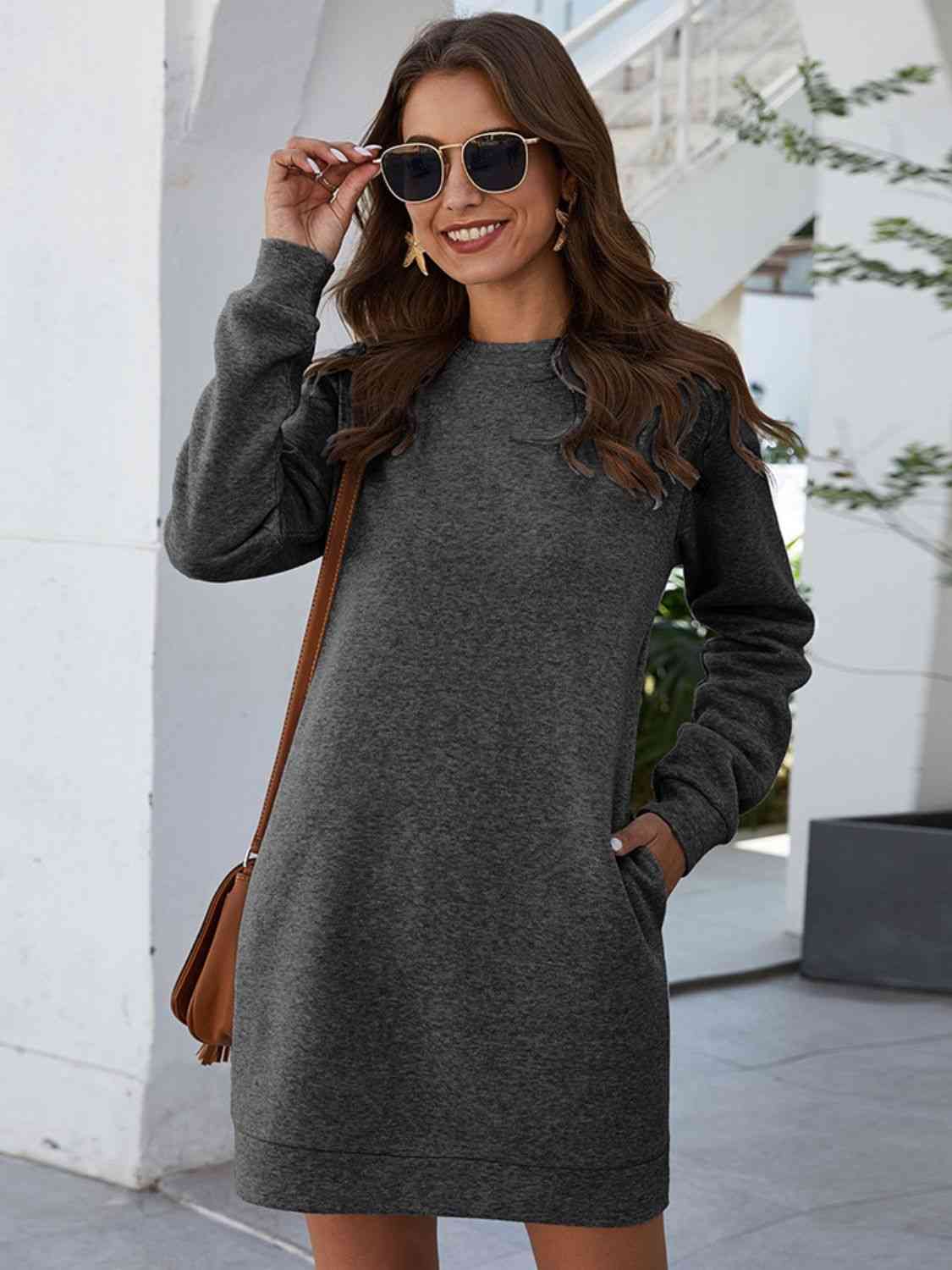 Round Neck Long Sleeve Mini Dress with Pockets