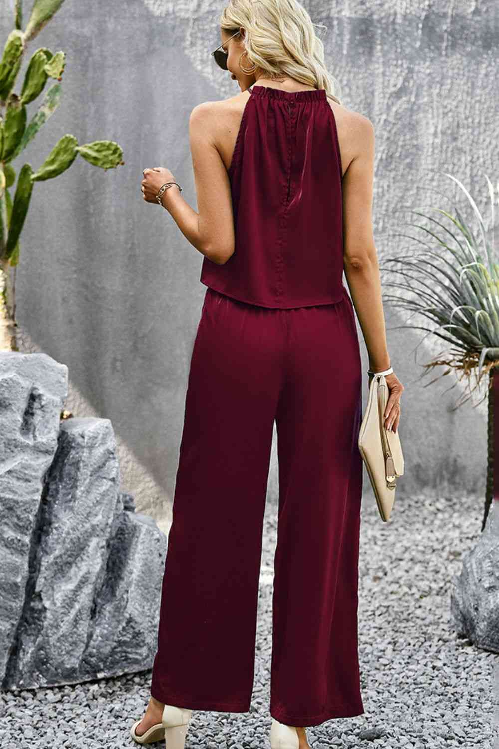 Grecian Neck Sleeveless Pocketed Top and Pants Set