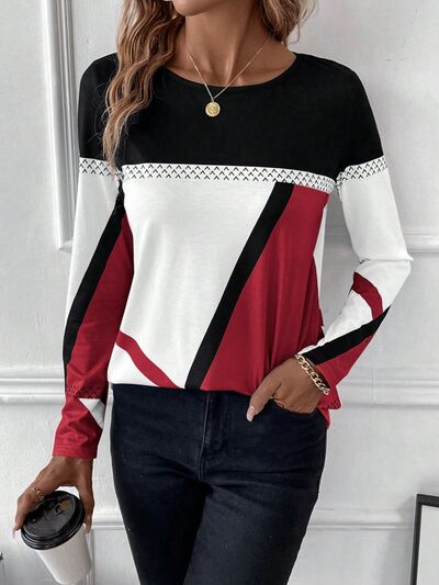 Contrast Round Neck Long Sleeve T-Shirt