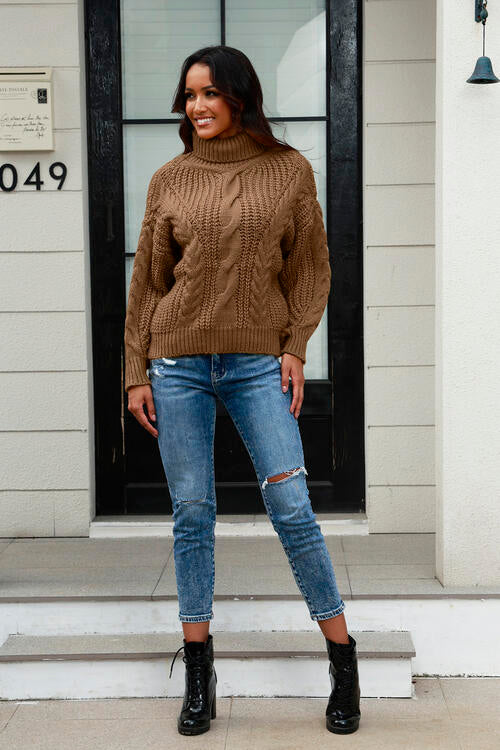 Cable-Knit Turtleneck Long Sleeve Sweater