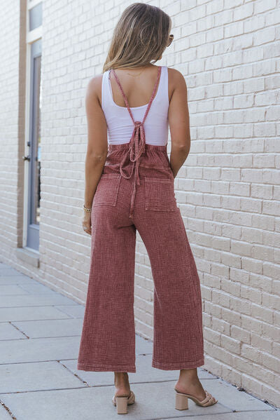 Texture Spaghetti Strap Square Neck Overalls