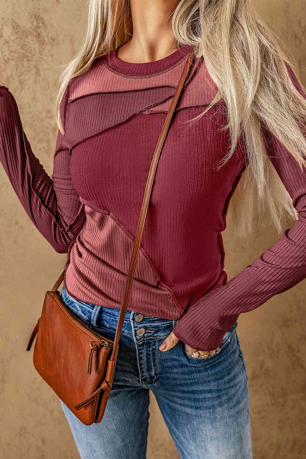 Color Block Exposed Seam Long Sleeve Top